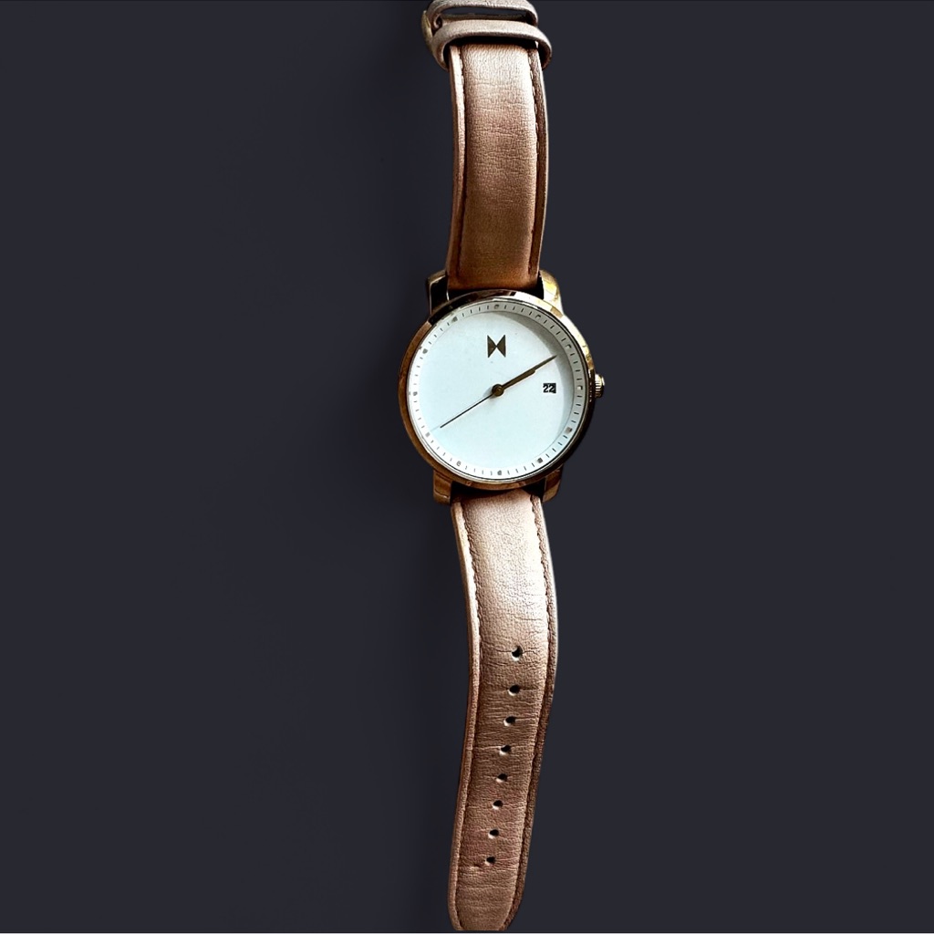 Mvmt Rose Gold Timepiece With White Face Stainless Steel Case Leather Band